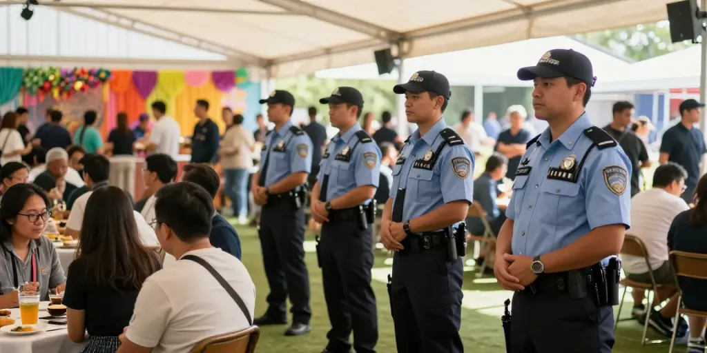 Security officers ensuring safety at a local event, providing professional community services.