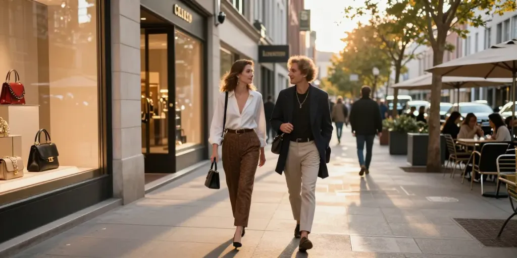Fashionable individual navigating luxury shopping district for a luxury lifestyle digital magazine.