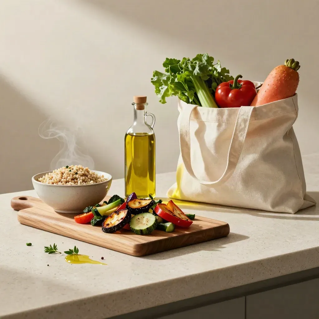 Meal-prep board with grains, vegetables, olive oil, and a grocery tote on travertine.