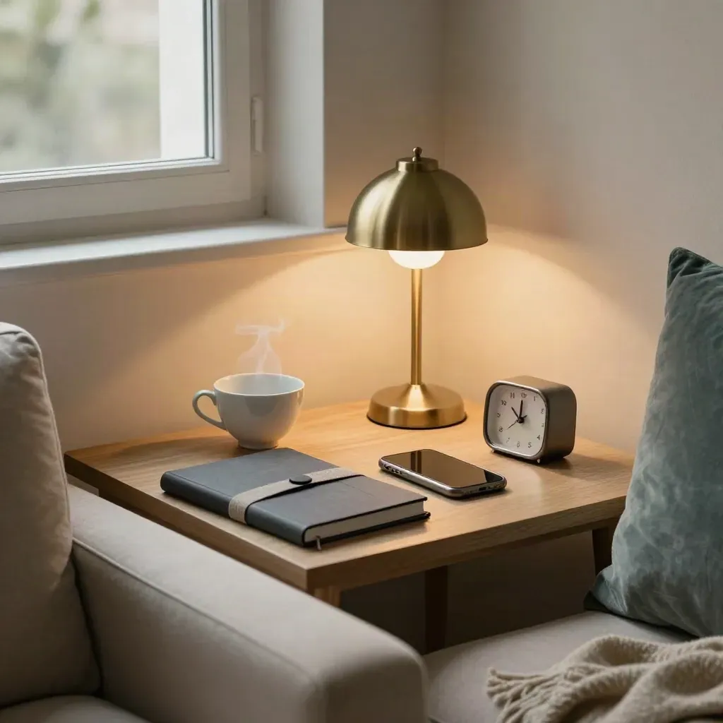 Quiet home coaching corner with notebook, tea, phone, lamp and timer by a sofa