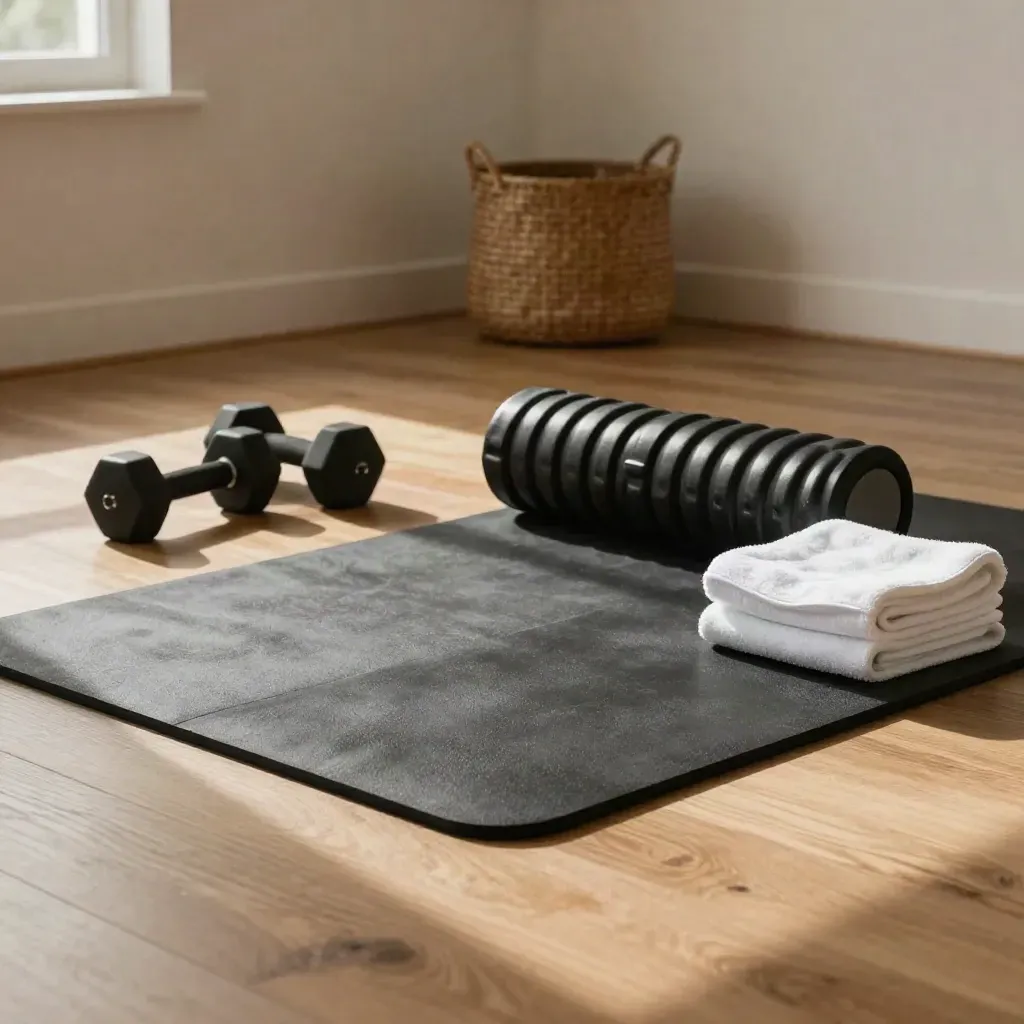 Workout corner with mat, dumbbells, bands, foam roller and towels in warm daylight.