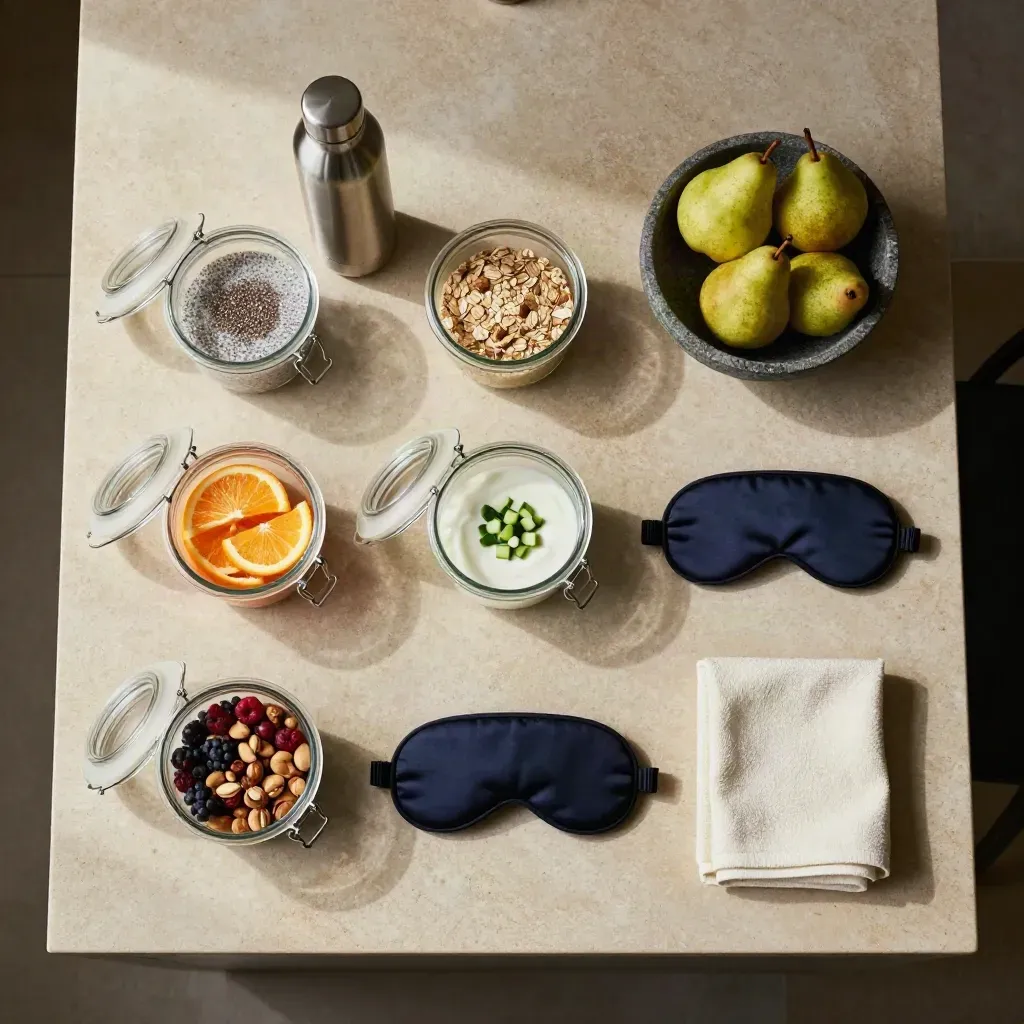 Top-down wellness habit plan on a stone island with seven containers, water bottle, fruit bowl, sleep mask, towel.