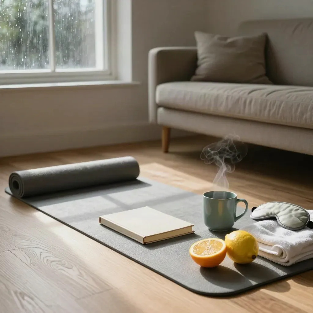 London wellness still life on pale oak with yoga mat, journal, mug, citrus, towel and sleep mask in window light