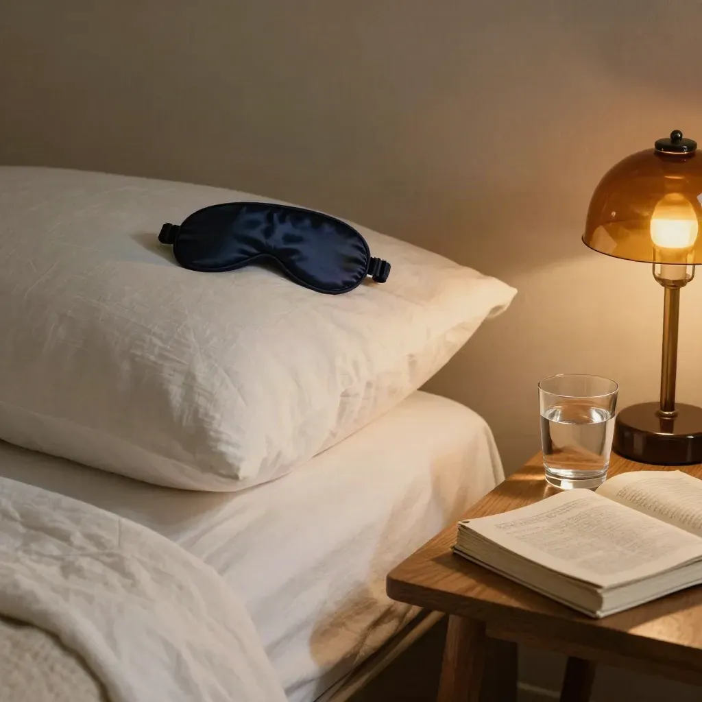 Bedside sleep-support still life with linen pillows, navy eye mask, amber lamp base, water glass and book.