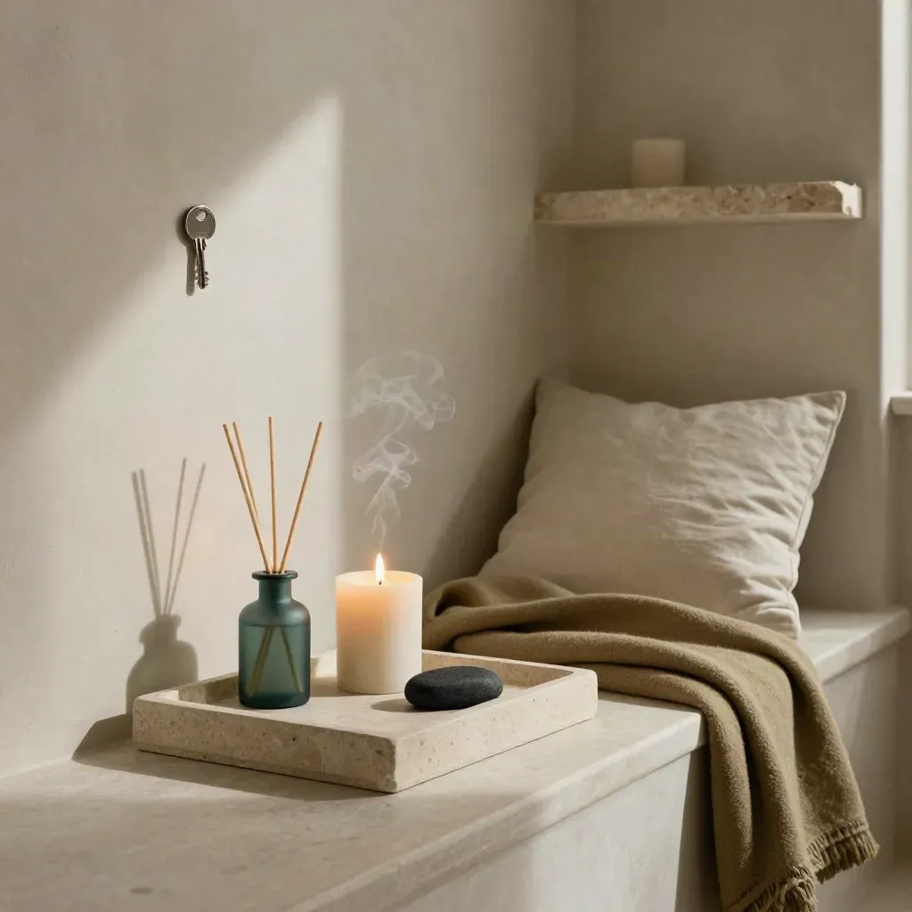 Stone tray with candle, diffuser bottle, folded throw and worry stone in a plaster wellness nook.