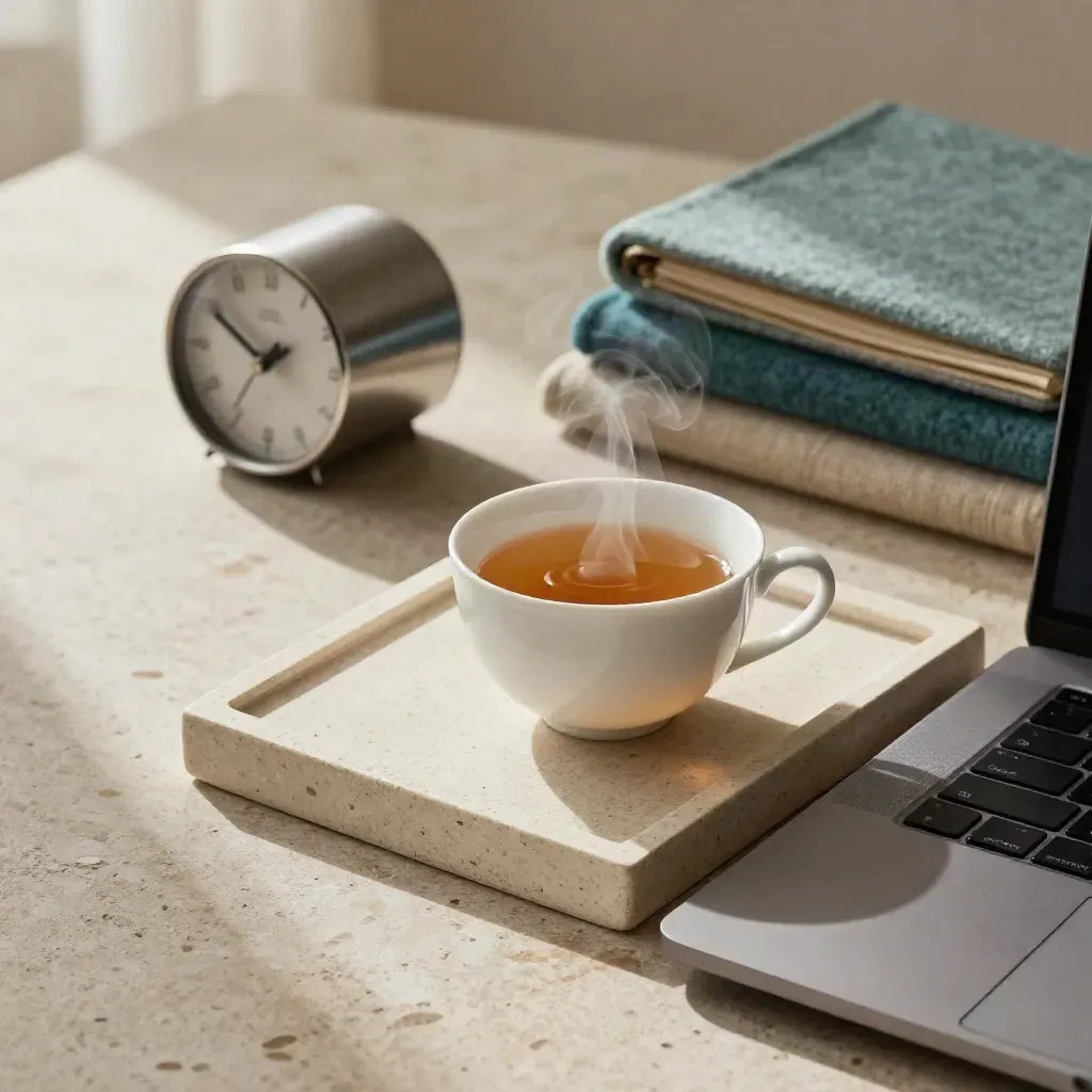 Closed laptop, tea cup, stone tray, timer, and daily essentials on a travertine desk.
