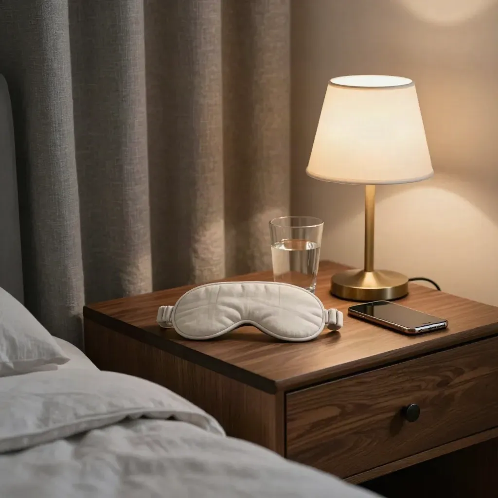 Nightstand sleep setup with eye mask, phone, water glass, lamp, and linen curtains