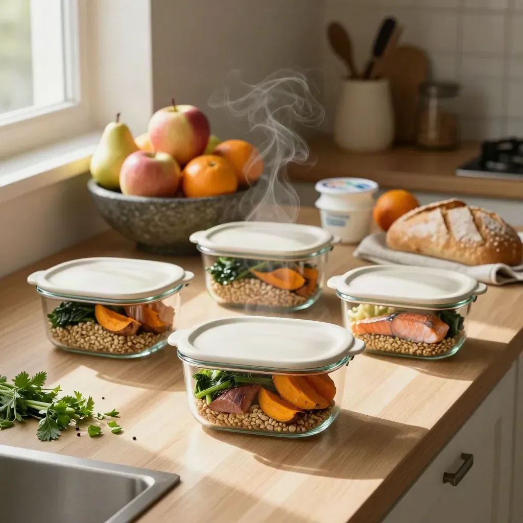 Meal prep containers, fruit bowl and herbs on a pale oak kitchen counter in warm light