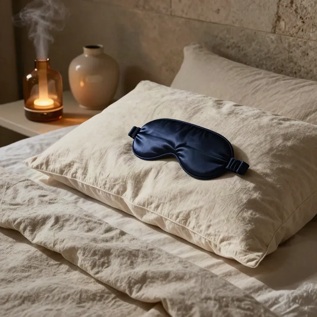 Close-up of linen bedding, navy eye mask, diffuser and lamp base in soft night light