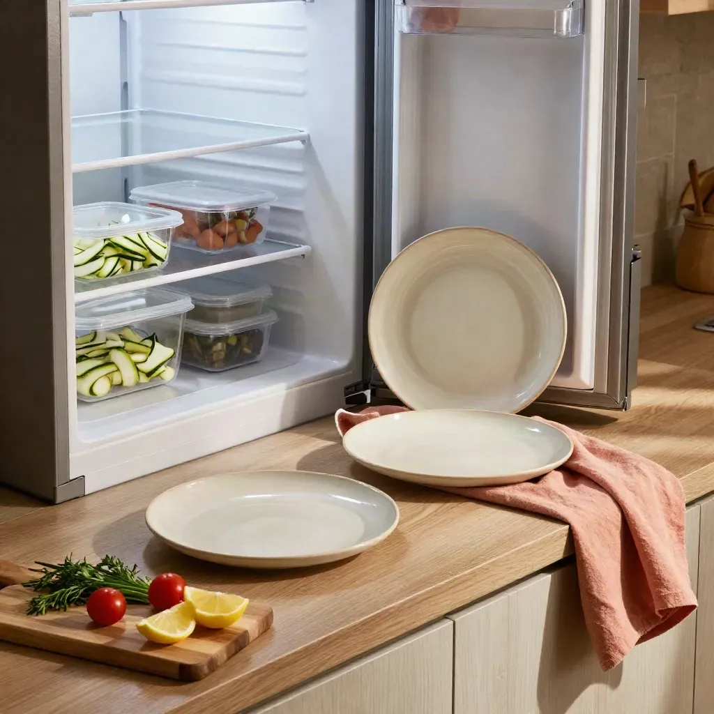 Fridge-lit meal prep kitchen with plates, containers, produce and a grocery tote