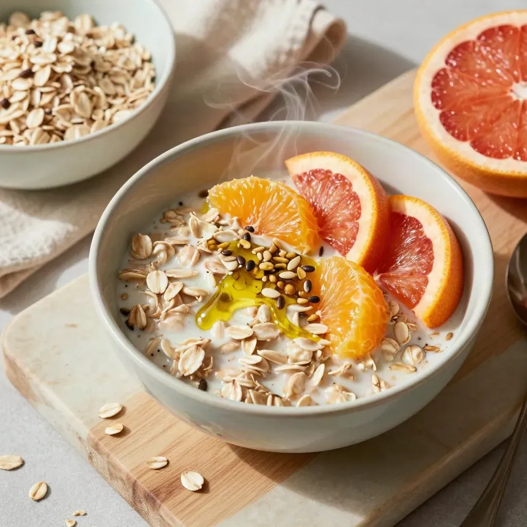 Steaming oats with citrus, olive oil, and linen towel on a pale board, top-down food editorial.