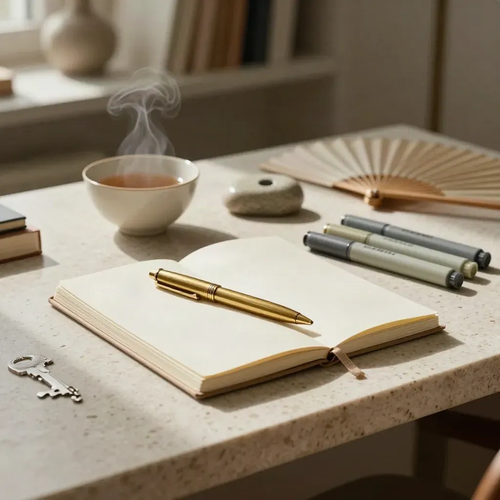 Coaching desk still life with planner, brass pen, tea bowl, stone weight and markers on travertine.
