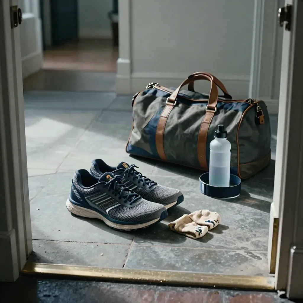 Runner kit by a hallway door with trainers, socks, belt, water bottle and travel bag.