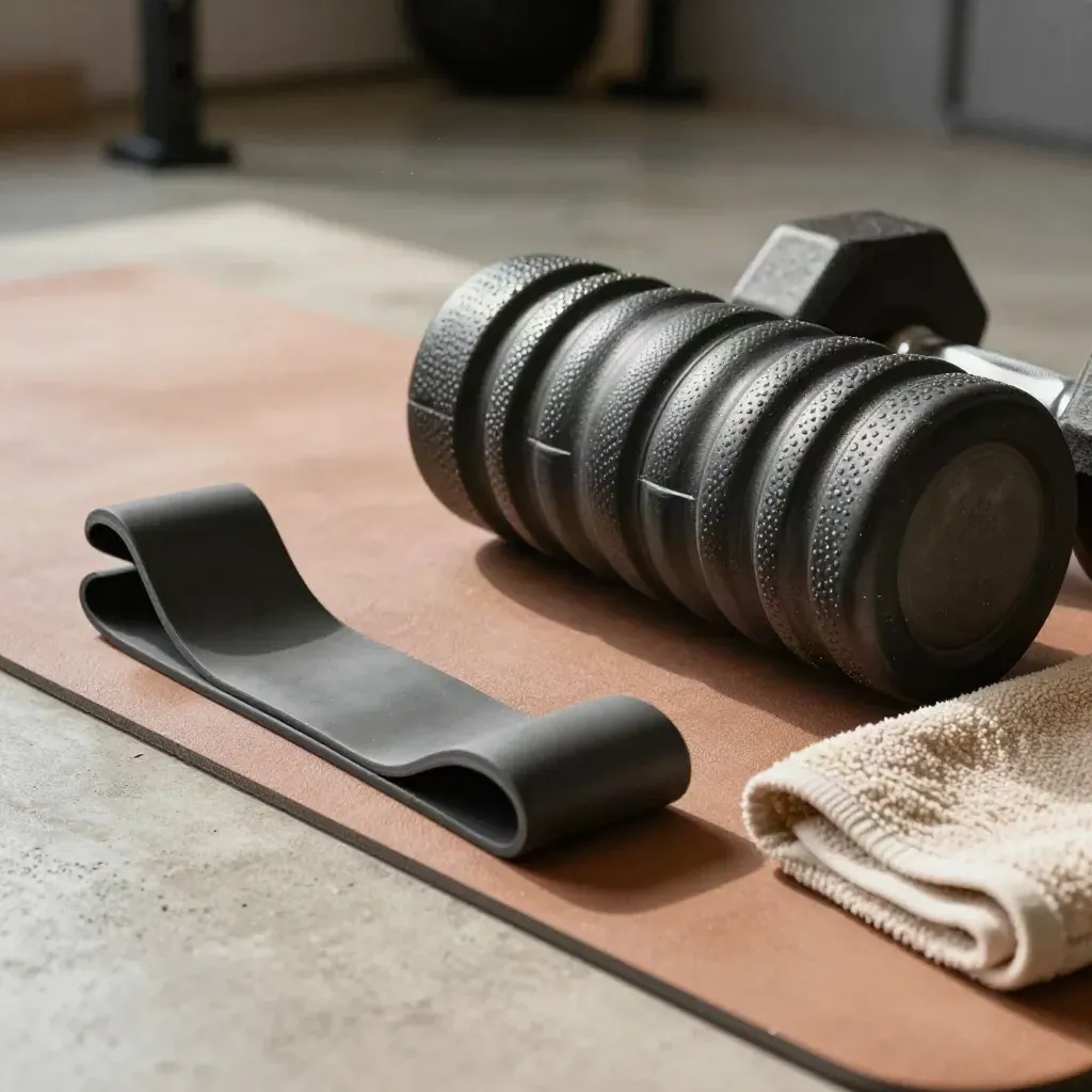 Macro fitness gear still life: band, dumbbell, roller, towel and mat on concrete.