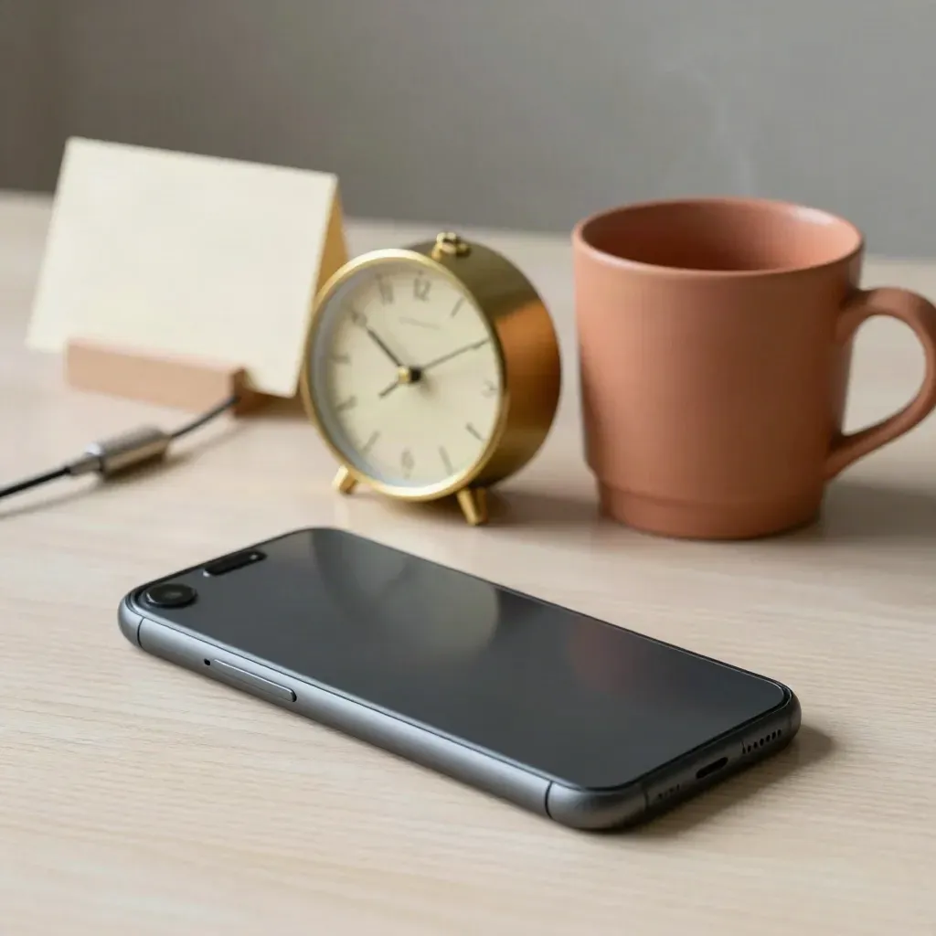 Face-down phone, brass clock, mug and charging stand on pale wood in soft daylight.