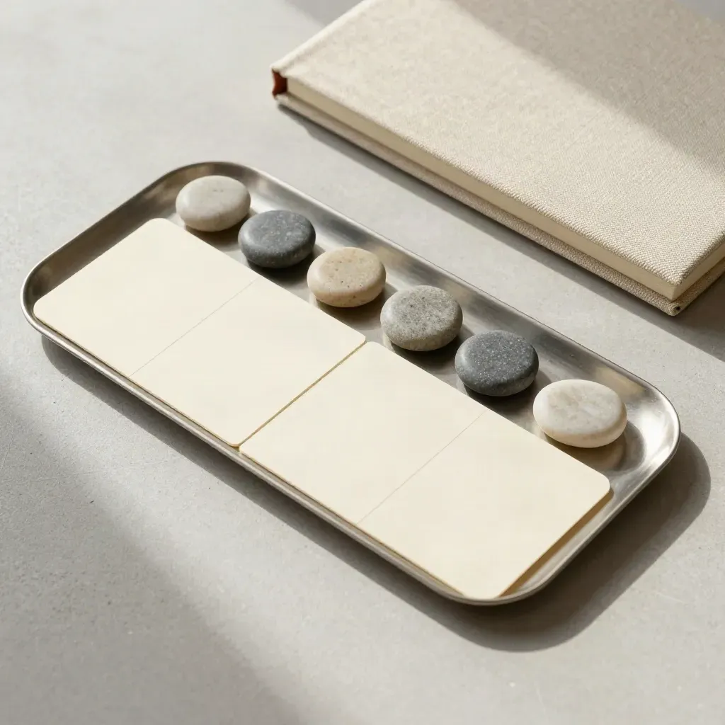Overhead planning flat lay with cards, stone tokens, notebook and tray on pale concrete.