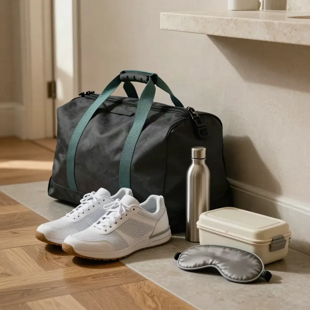 Packed gym bag with trainers, bottle, lunch box and sleep mask on a pale hallway console.