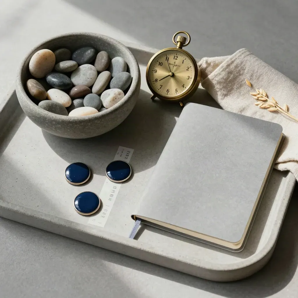 Pebble tally bowl, brass timer, notebook and magnets on a concrete tray.