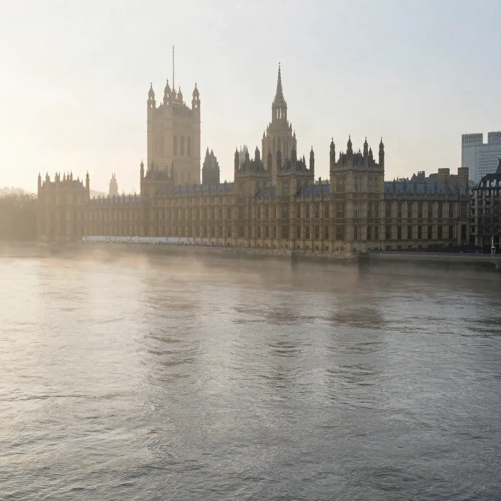 London skyline over the Thames in dawn mist, Westminster high above calm water.
