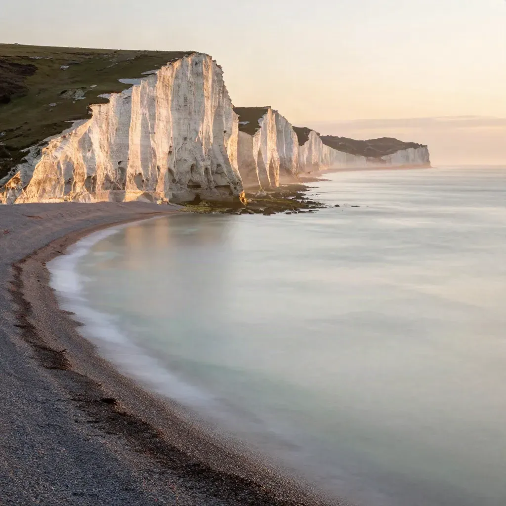 Golden cliffs of the Seven Sisters above a misty shingle coast at sunset.