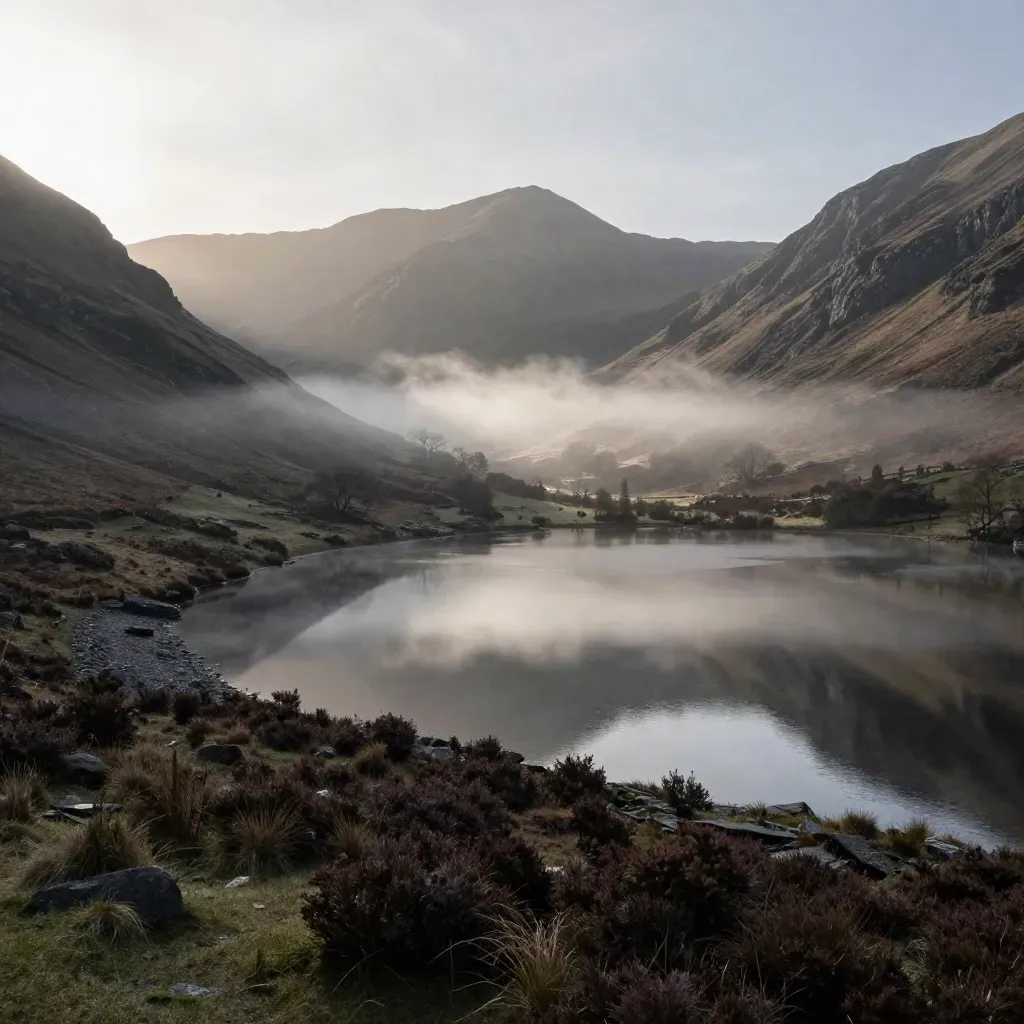 Lake District tarn with misty fells reflected in calm water at dawn