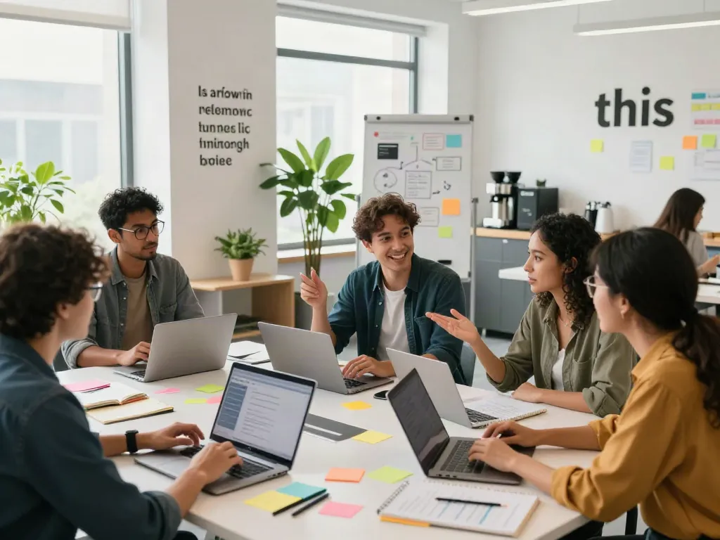 This collaborative workspace highlights professionals discussing ideas around a table, showcasing creative teamwork.